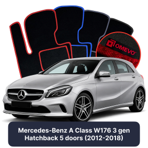 OMEVO Velours-Autofußmatten für Mercedes-Benz A-Klasse W176 3 gen Kompakt 5 Türer (2012-2018)