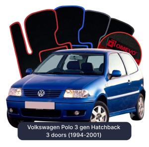 OMEVO Velours-Autofußmatten für Volkswagen Polo 3 gen Kompakt 3 Türer (1994-2001)