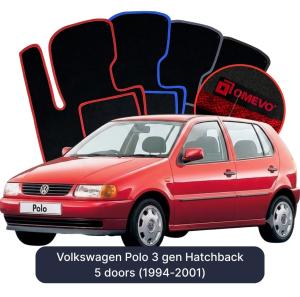 OMEVO Velours-Autofußmatten für Volkswagen Polo 3 gen Kompakt 5 Türer (1994-2001)