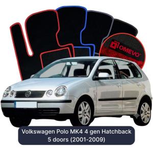 OMEVO Velours-Autofußmatten für Volkswagen Polo MK4 4 gen Kompakt 5 Türer (2001-2009)