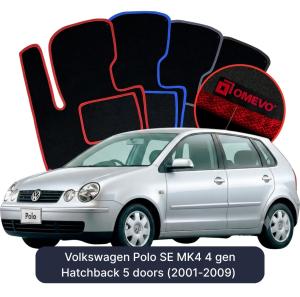 OMEVO Velours-Autofußmatten für Volkswagen Polo SE MK4 4 gen Kompakt 5 Türer (2001-2009)