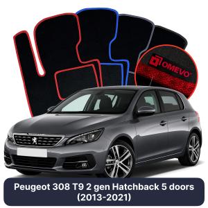 OMEVO Velours-Autofußmatten für Peugeot 308 T9 2 gen Kompakt 5 Türer (2013-2021)