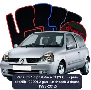 OMEVO Velours-Autofußmatten für Renault Clio Facelift-Versionen (2005) - Vor-Facelift-Modell (2009) 2 gen Kompakt 3 Türer (1998-2012)