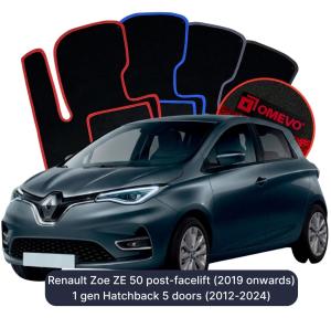 OMEVO Velours-Autofußmatten für Renault Zoe ZE 50 nach dem Lift (ab 2019) 1 gen Kompakt 5 Türer (2012-2024)
