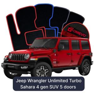 OMEVO Velours-Autofußmatten für Jeep Wrangler Unlimited Turbo Sahara 4 gen SUV 5 Türer (2020-2025)
