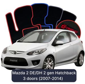 OMEVO Velours-Autofußmatten für Mazda 2 DE/DH 2 gen Hatchback 3 Türen (2007-2014)