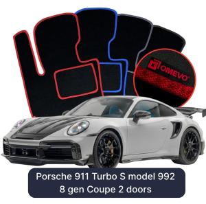 OMEVO Velours-Autofußmatten für Porsche 911 Turbo S Modell 992 8 gen Coupé 2-Türer (2019–2025)