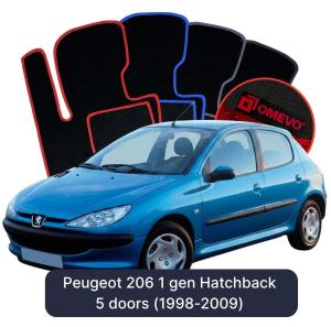 OMEVO Velours-Autofußmatten für Peugeot 206 1 gen Kompakt 5 Türer (1998-2009)