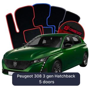 OMEVO Velours-Autofußmatten für Peugeot 308 3 gen Kompakt 5 Türer (2021-2025)