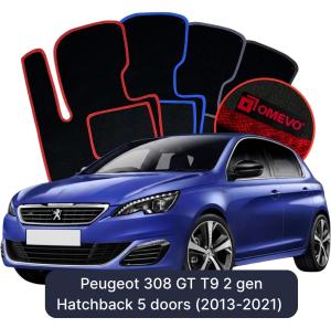 OMEVO Velours-Autofußmatten für Peugeot 308 GT T9 2 gen Kompakt 5 Türer (2013-2021)