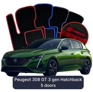 OMEVO Velours-Autofußmatten für Peugeot 308 GT 3 gen Schrägheck 5-Türer (2021–2025)